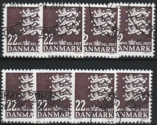 FRIMÆRKER DANMARK | 2005 - AFA 1415 - Lille Rigsvåben - 22 Kr. brunviolet x 8 stk. - Pænt hjørnestemplet
